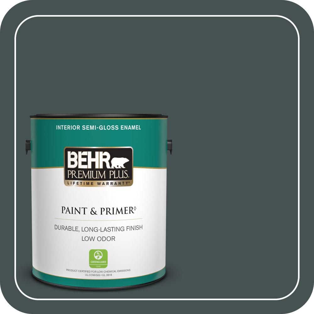 BEHR PREMIUM PLUS 1 gal. #MQ6-44 Black Evergreen Semi-Gloss Enamel Low Odor Interior Paint & Primer