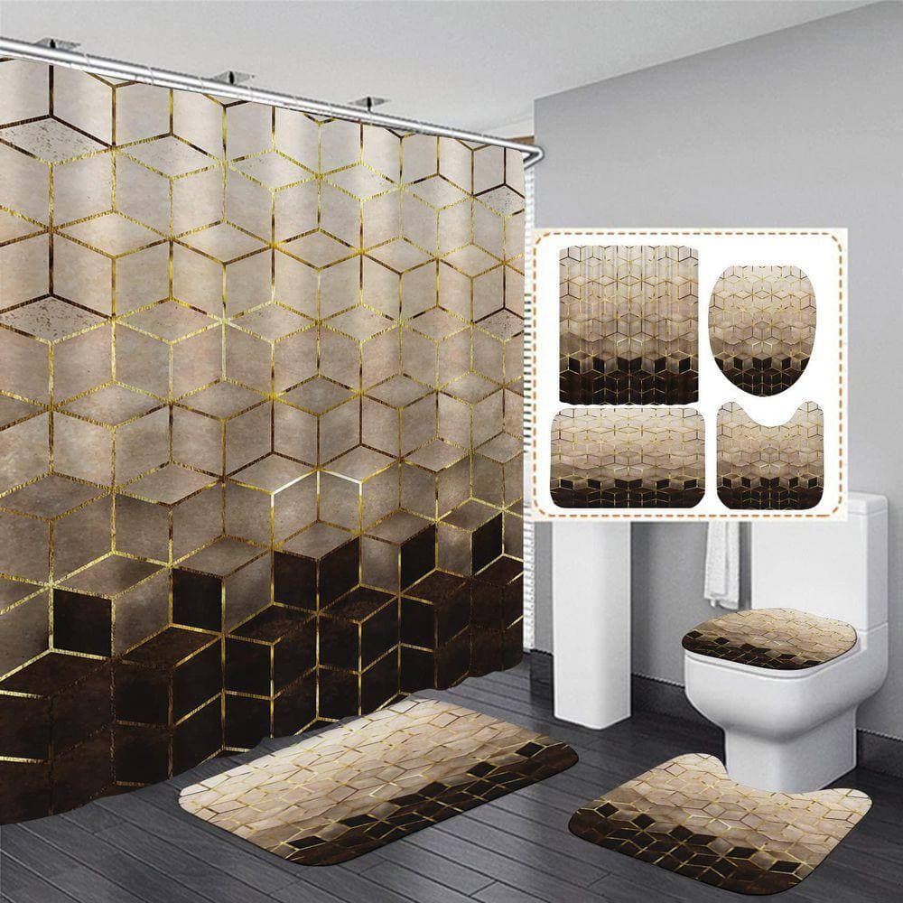Unbranded 70.8 in. W x 70.8 in. L Polyester Shower Curtain Set Modern Geometric Brown Gradient Golden Cubic Lines Art Mat (2)