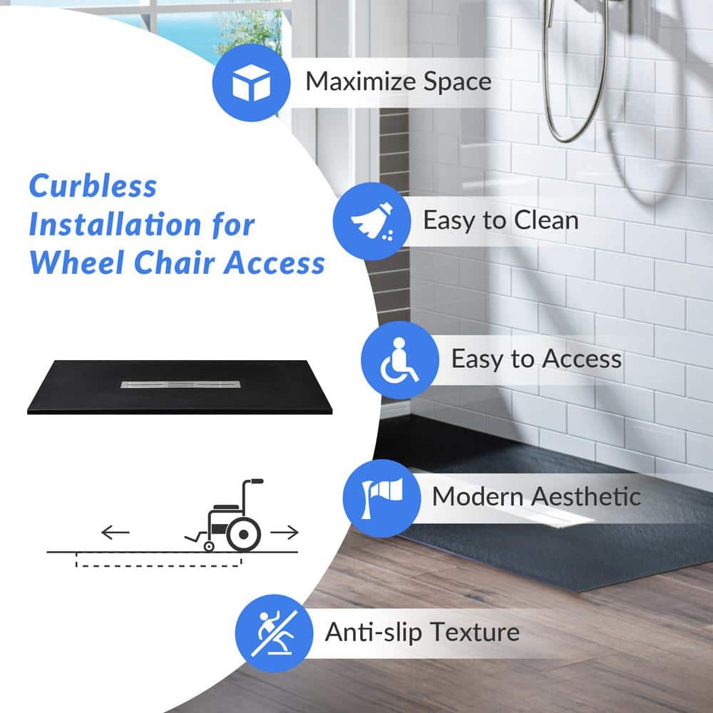 WOODBRIDGE 59 in. L 31.5 in. W Alcove Shower Pan Base with Drain in, Low Profile, Wheel Chair Access (4)