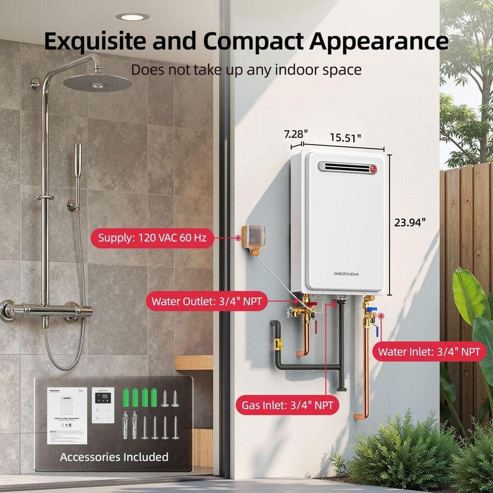 MIZUDO Comfortech Classic Natural Gas Tankless Water Heater 120,000 BTU, Max 5.1 GPM, 120V AC Outdoor, CSA Certified, White (2)
