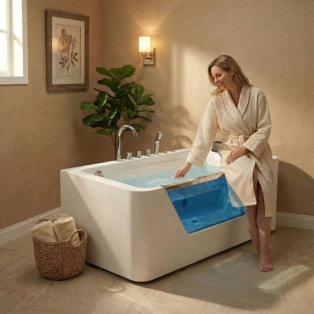 MEDUNJESS 67 in. x 31.5 in. Acrylic Flatbottom Freestanding Whirlpool Bathtub in White with Faucets (2)