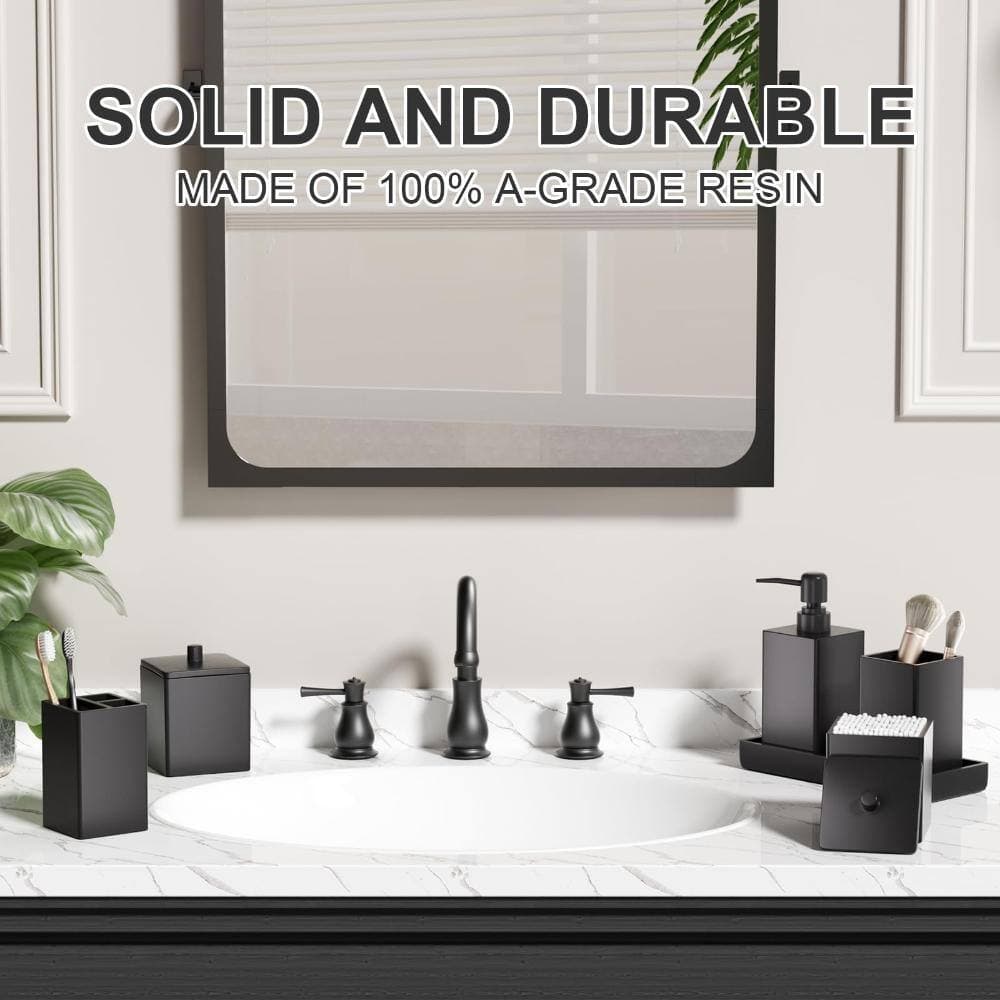 Unbranded 6-Piece Square Resin Bath Accessory Set with Soap Dispenser, Vanity Tray and Cotton Swab Jars in Black (2)