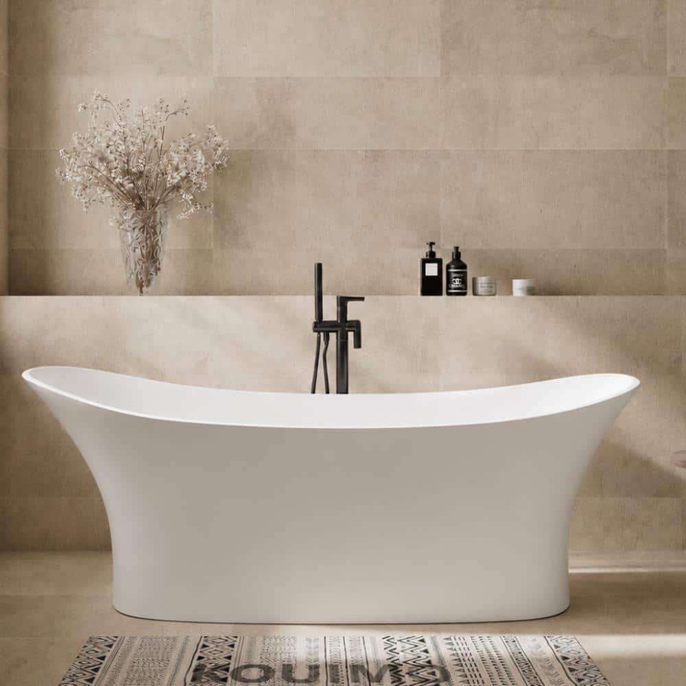 KOUIMO 71 in. Solid Surface Freestanding Soaking Bathtub with Drain, Flat Bottom, White