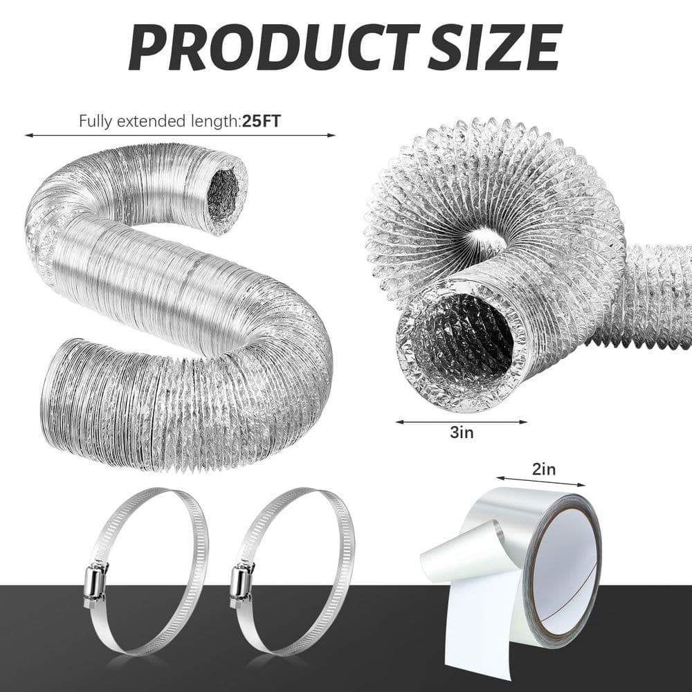 Helhom 3 in. x 25 ft. Flexible Aluminum Foil Ducting with Stainless Steel Clamps and Aluminum Tape for Pipe (2)