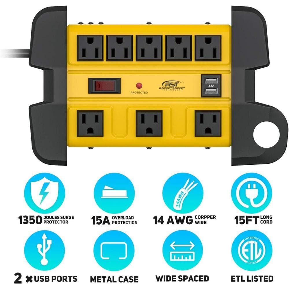 Lukyamzn 8-Outlet Power Strip Surge Protector with 2-USB Port and 15 ft.Long Cord in Yellow (3)