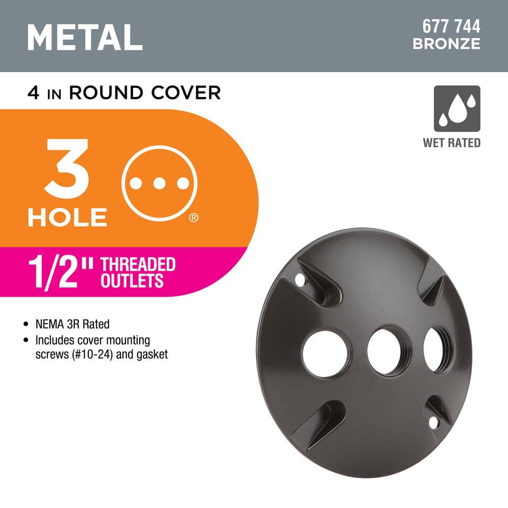 Commercial Electric 4 in. Round Metallic Weatherproof Lamp Holder Cover with (3) 1/2 in. Holes, Bronze (2)