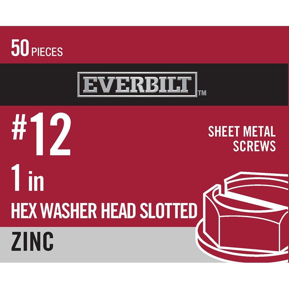 Everbilt #12 x 1 in. Slotted Hex Head Zinc Plated Sheet Metal Screw (50-Pack) (1)
