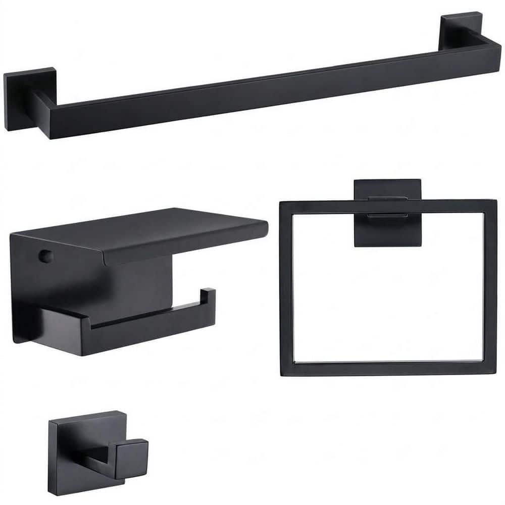 KHKFY Matte Black 4-Piece Stainless Steel Bathroom Hardware Set with 23.6 in Towel Bar, Wall Mounted (1)