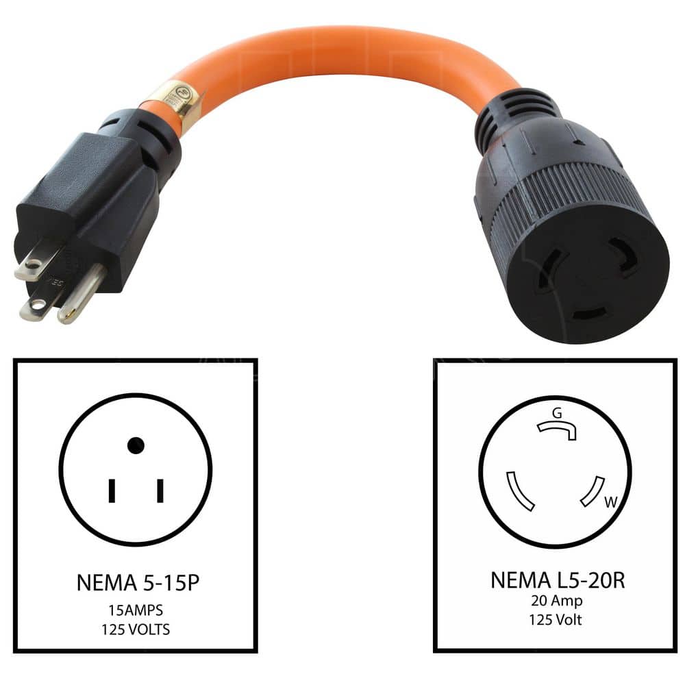 AC WORKS 15A Household Plug to L5-20R 20A Locking Female Connector 1 ft. 12 / 3 STW Indoor/Outdoor Cord in Orange (2)