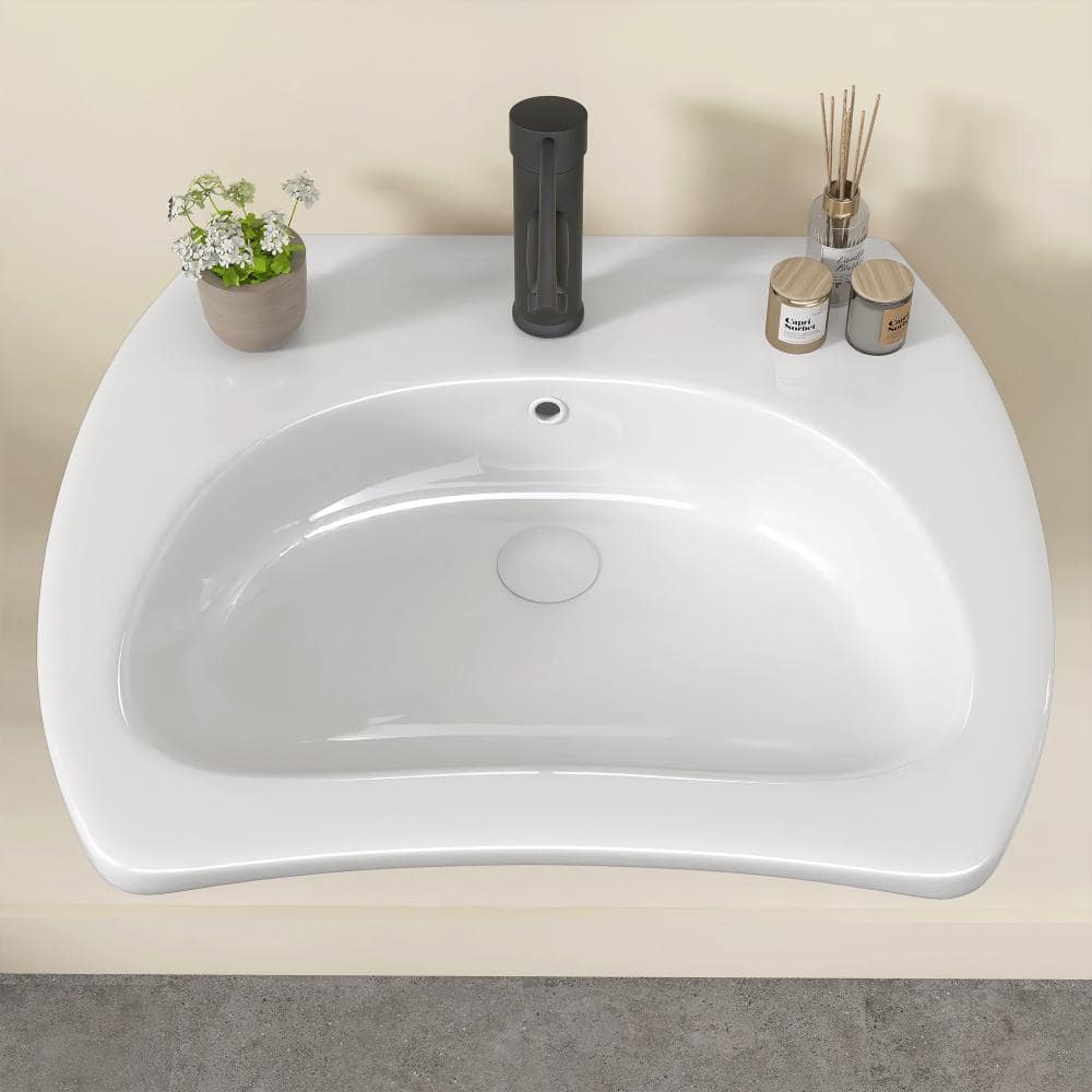 NTQ ADA 24 in. x 20.6 x 6.8 in. Rectangular ADA Ceramic Wall Mount Vessel Sink Wall Hung with Center Faucet Hole in White (2)
