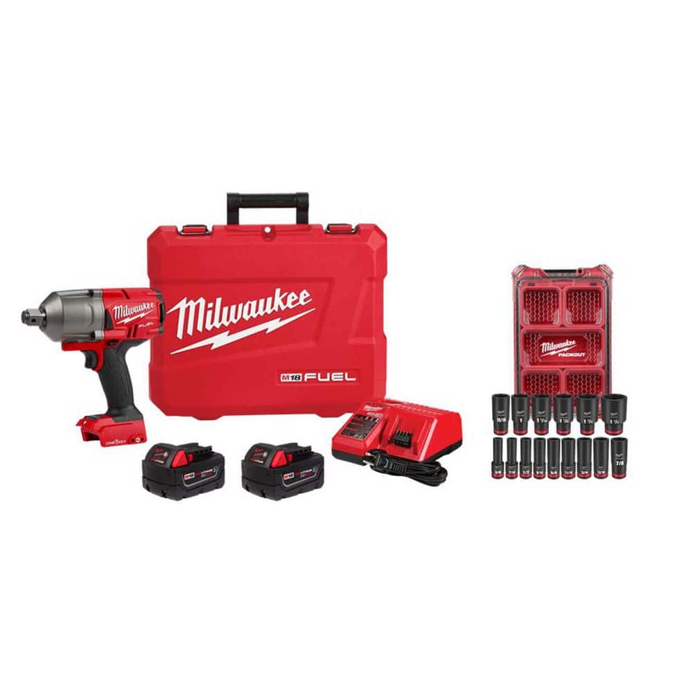 Milwaukee M18 FUEL ONE-KEY 18V Lith-Ion Brushless Cordless 3/4 in. High-Torque Impact Wrench Kit w/ Impact Socket Set (1)