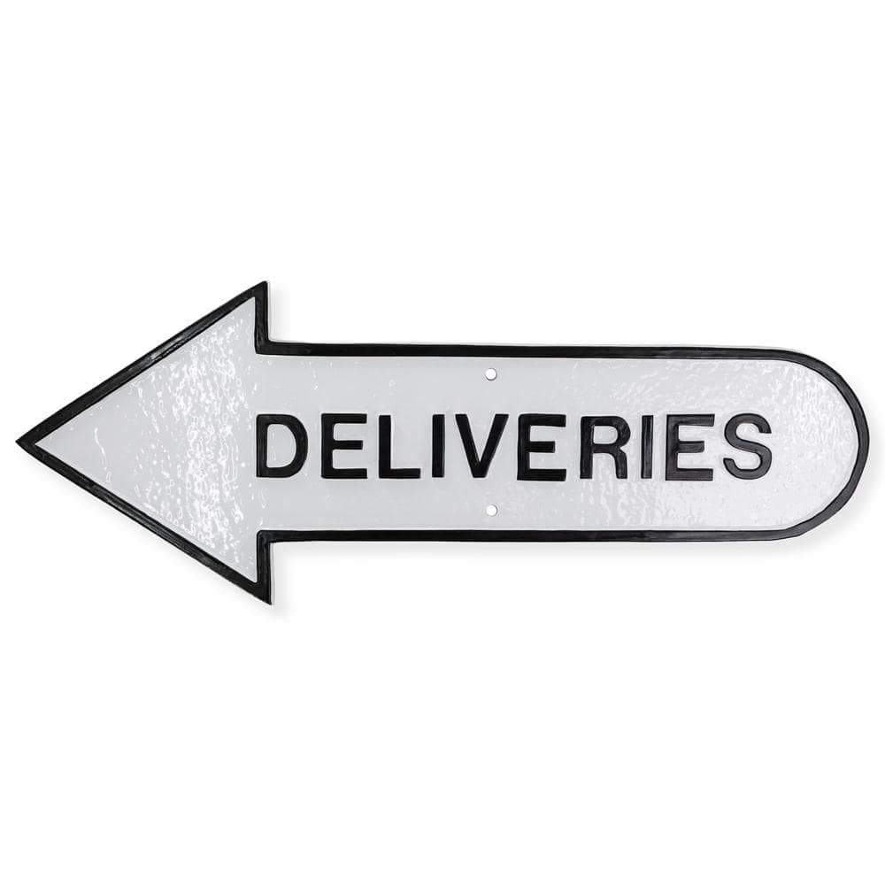Montague Metal Products 6 in. x 15.5 in. Left Arrow Deliveries Statement Plaque Sign-White/Black