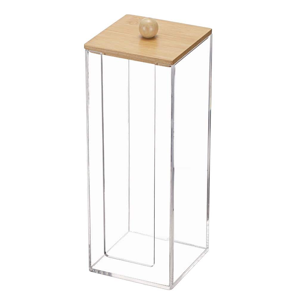 Unbranded Acrylic Vertical Cotton Pad Dispenser with Clear Body and Bamboo Lid for Bathroom Vanity Organization