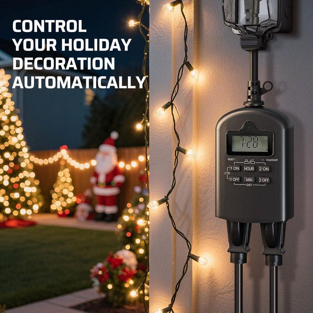 DEWENWILS 24-Hour Outdoor Digital Countdown and Random Mode Timer with 2-Grounded Outlets, for Yard Holiday String Lights (2)