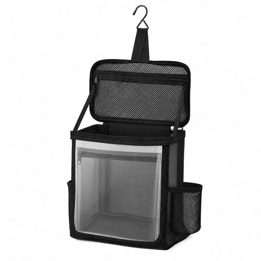 Unbranded Matte Black Portable Hanging Shower Caddy Toiletry Bag Oxford Bath Organizer with Hook and Phone Compartment