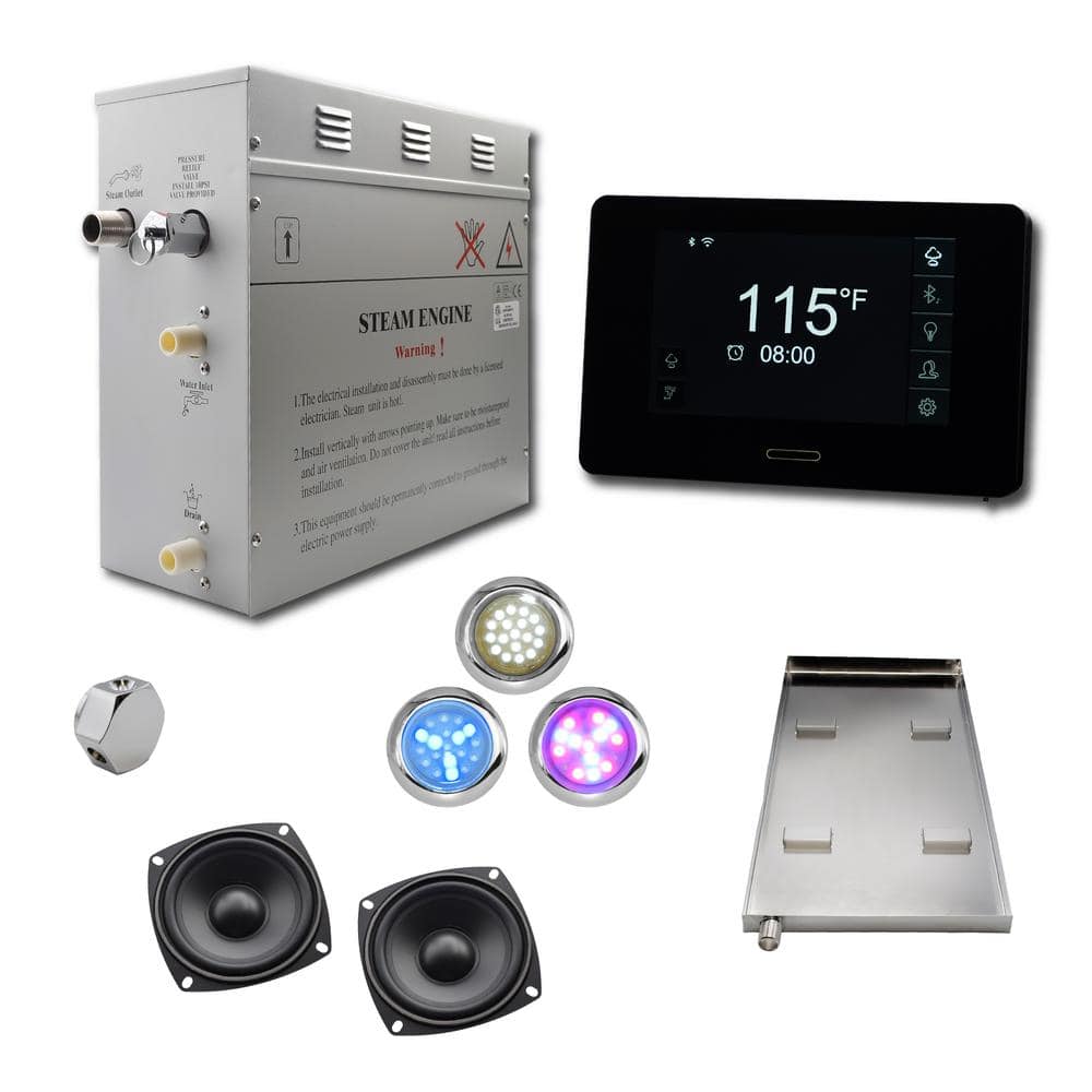 Steam Planet Superior SMART 9kW Self-Draining Steam Bath Generator Kit, Wi-Fi Keypad in Black, Chrome Steam Outlet and 2 Speakers (1)