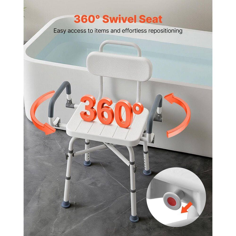 Tahanbath 13.78 in Free-Standing 360° Swivel Heavy Duty Walk In Shower Seat 500 lbs. with Arms and Backrest in White (2)