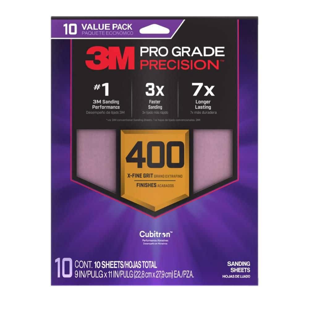 3M Pro Grade Precision 9 in. x 11 in. 400 Grit Faster Sanding Sheets with No-Slip Grip Backing (10-Pack)