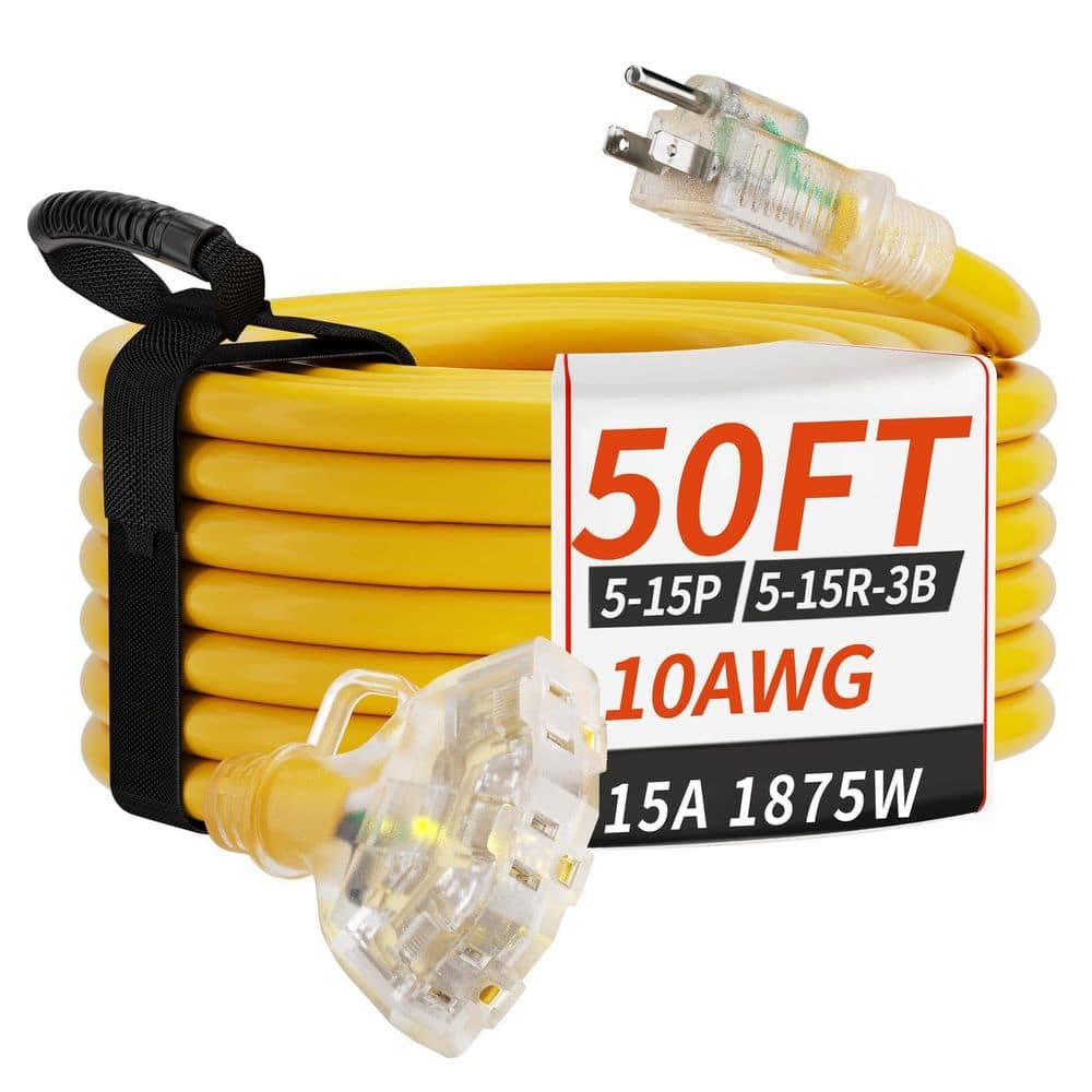 Unbranded 50 ft. 1875W 10-Gauge 1-Conductor SJTW Heavy Duty Yellow Outdoor Extension Cord with Lighted Tri-Tap and Foot Switch