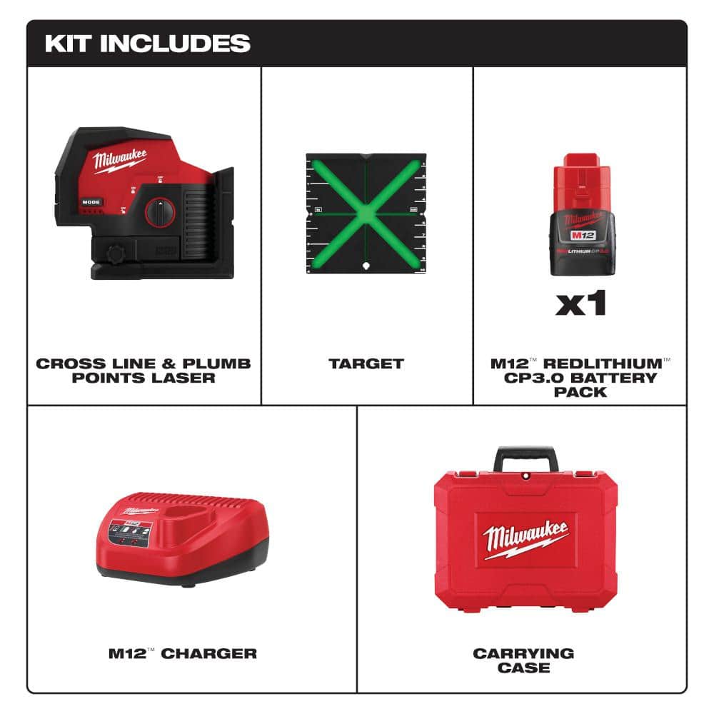 Milwaukee M12 12-Volt Lithium-Ion Cordless Green 125 ft. Cross Line and Plumb Points Laser Level Kit w/3.0 Ah Battery & Track Clip (3)