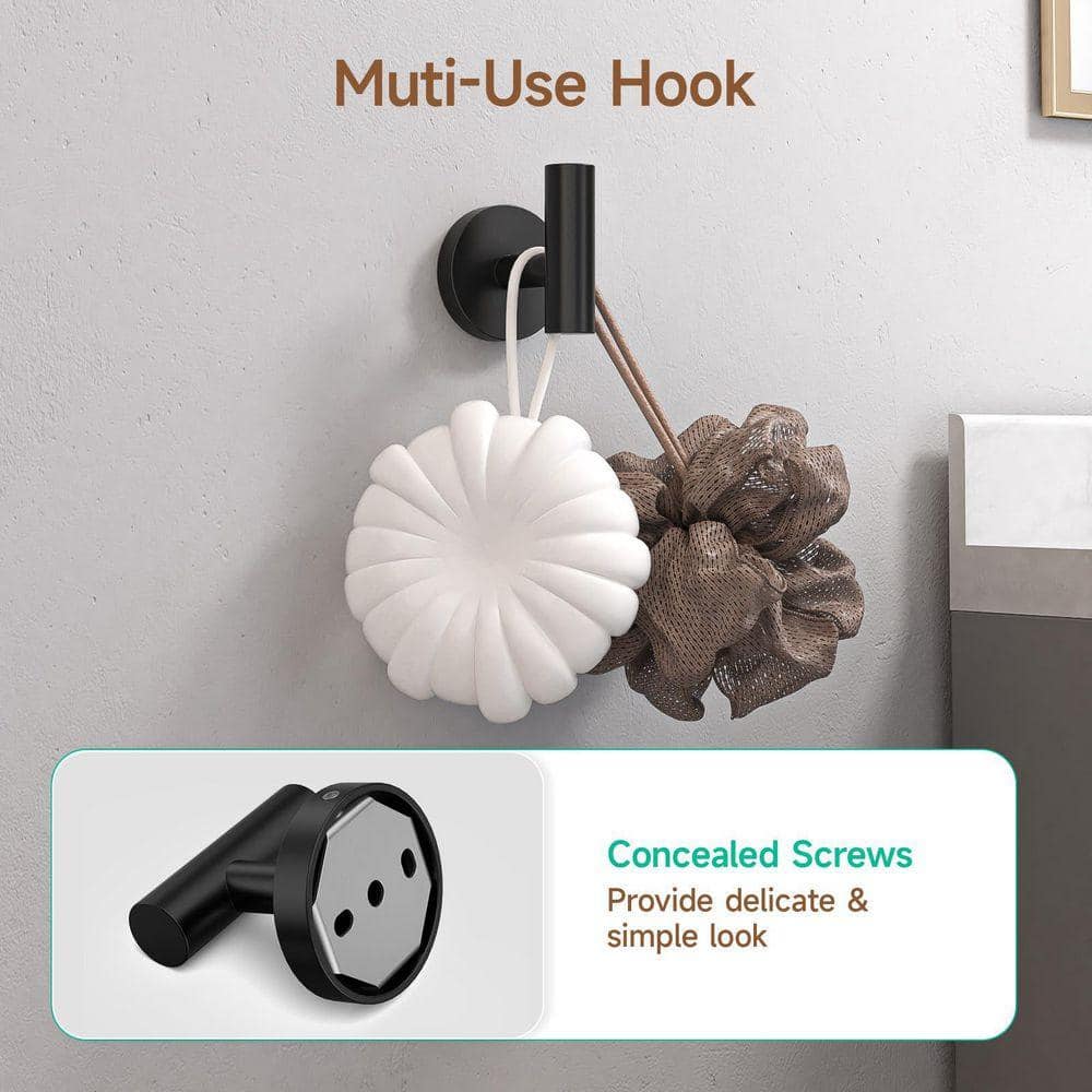 Lynzavix 4-Piece Bathroom Hardware Set with 24-Inch Towel Bar Toilet Paper Holder Towel Ring Robe Hook in Matte Black (3)