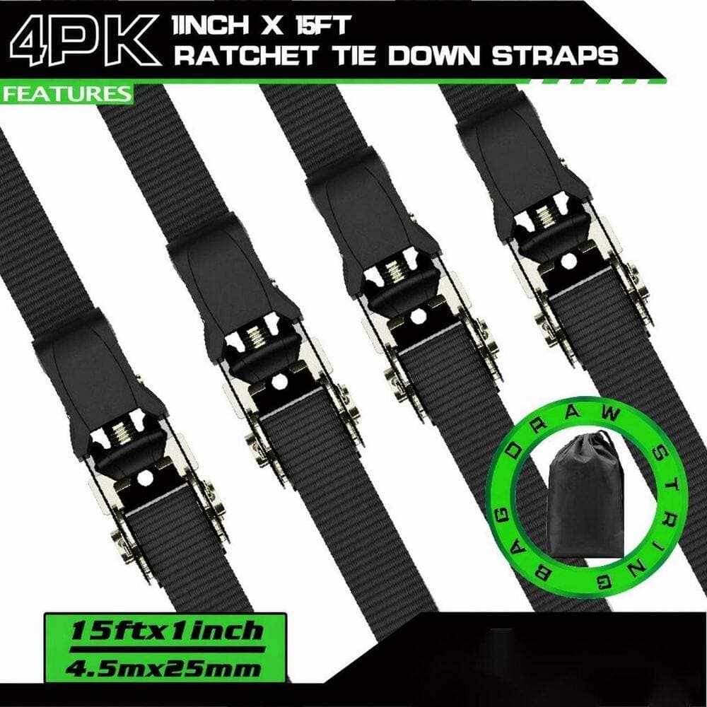 LAIFUCAM 1 in. x 15 ft. Ratchet Tie Down Straps S Hook Fastener Heavy Duty Cargo Straps for Moving Truck Motorcycle 4-Pack (3)