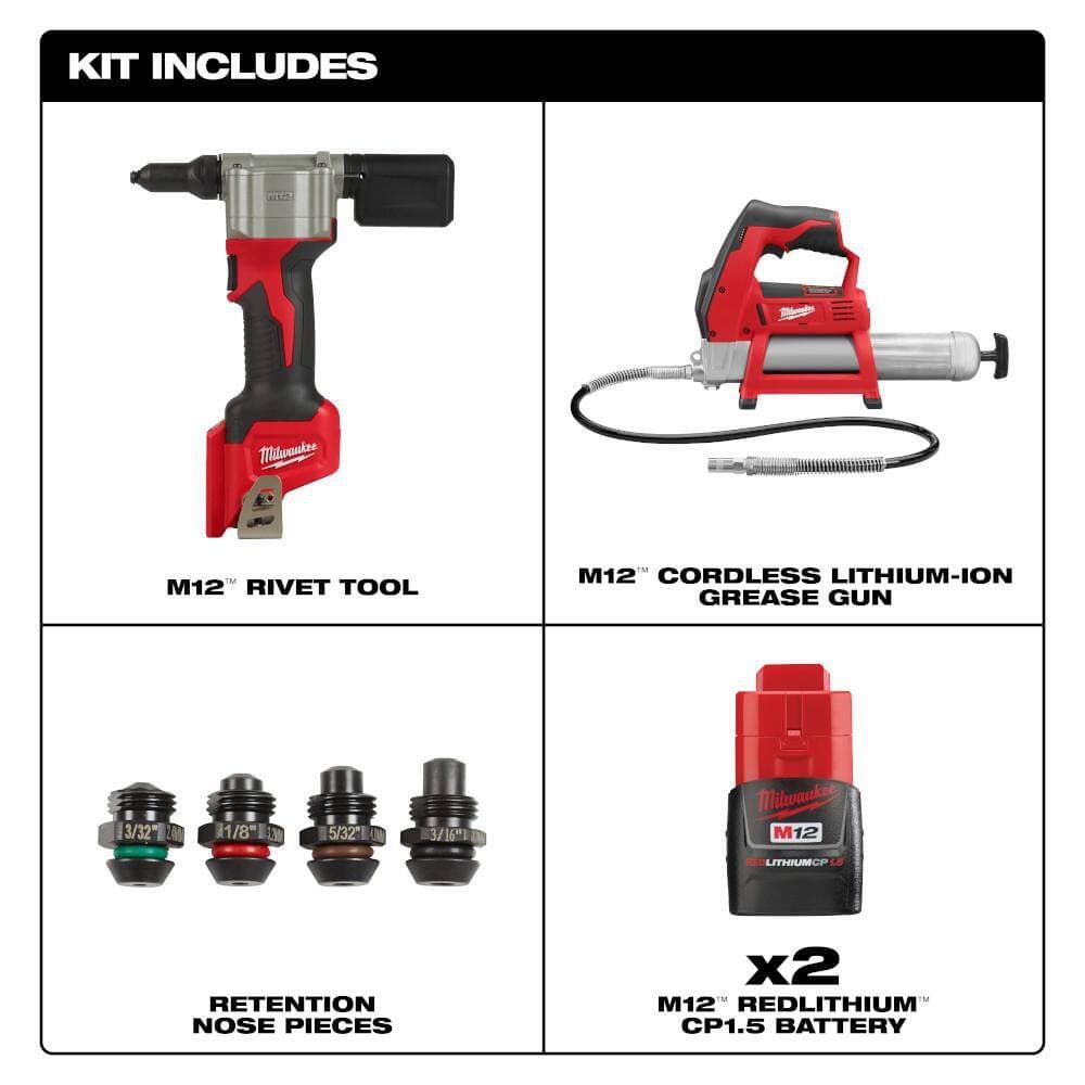 Milwaukee M12 12-Volt Lithium-Ion Cordless Rivet Tool Kit W/M12 Grease Gun (2)