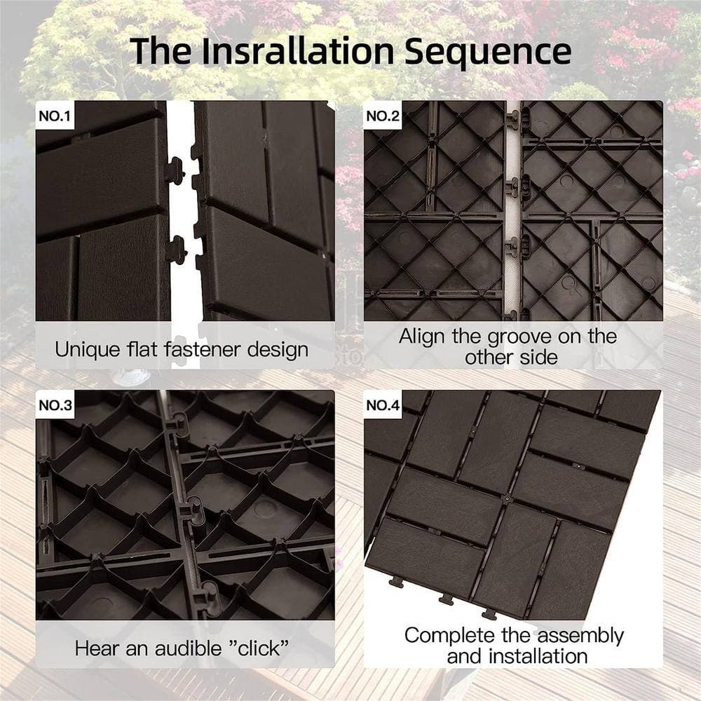 cadeninc 12 in. x 12 in. Brown Square Composite Decking Tiles, 4 Slat Plastic Outdoor Flooring Tile All Weather (Pack of 36) (3)