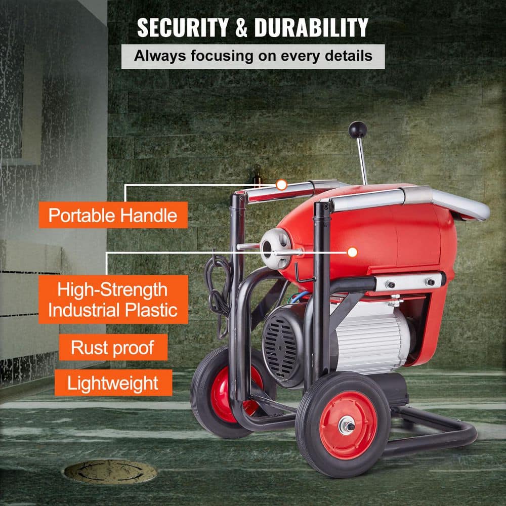 SKYSHALO Drain Cleaner Machine 120FT. x 6/5 In., 1100W Electric Sewer Snake Auger Manual Feed-with 6 Cutters and CW/CCW Control (2)