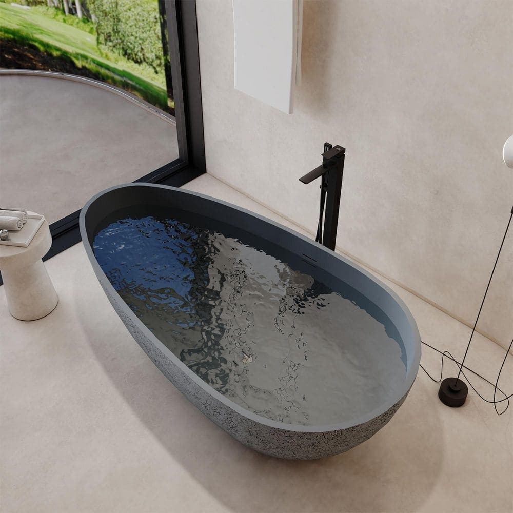 CASAINC 67 in. x 33.4 in. Freestanding Stone Resin Solid Surface Soaking Bathtub in Cement Grey and Outer Dot (2)