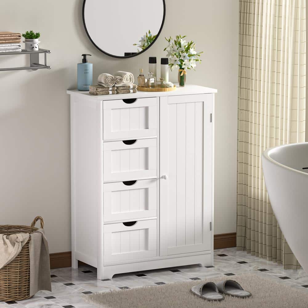 VEIKOUS 32.5 in. H 23.7 in. W 11.9 in. D Bamboo Freestanding Linen Cabinet with Adjustable Shelves and 4-Drawer
