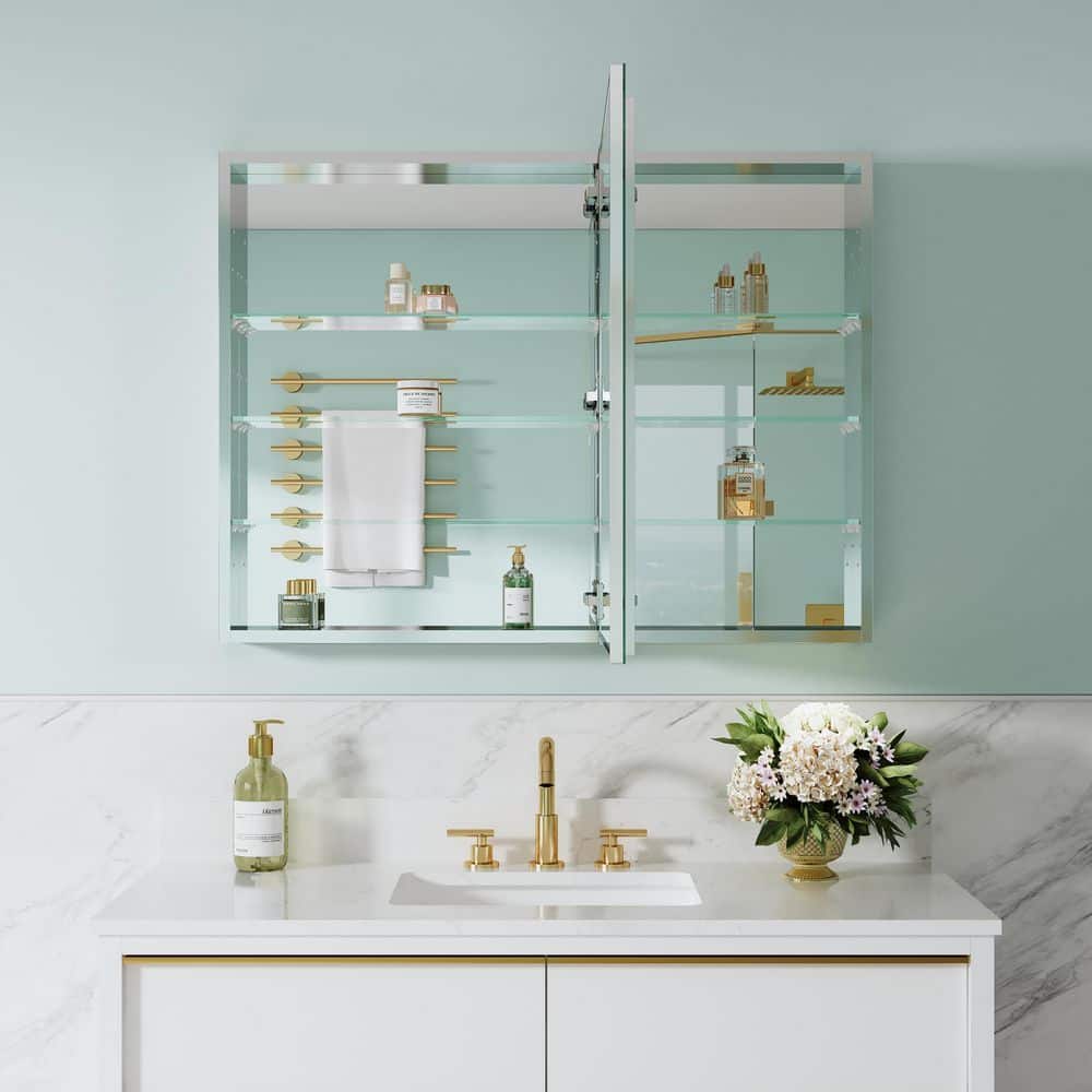 Liviza Combo 40 in. W x 30 in. H Rectangular Aluminum Recess/Surface Mount Medicine Cabinet with Mirror, Soft Close Door (2)