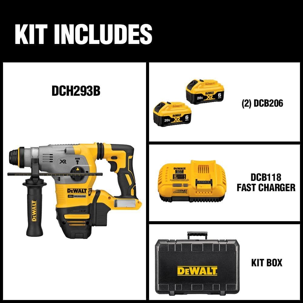 DEWALT 20V MAX XR Cordless Brushless 1-1/8 in. SDS Plus L-Shape Rotary Hammer, (2) 20V 6.0Ah Batteries and Charger (2)