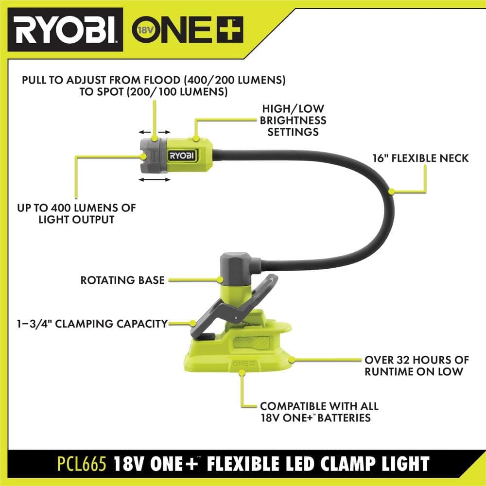 RYOBI ONE+ 18V Cordless Flexible LED Clamp Light (Tool Only) (3)