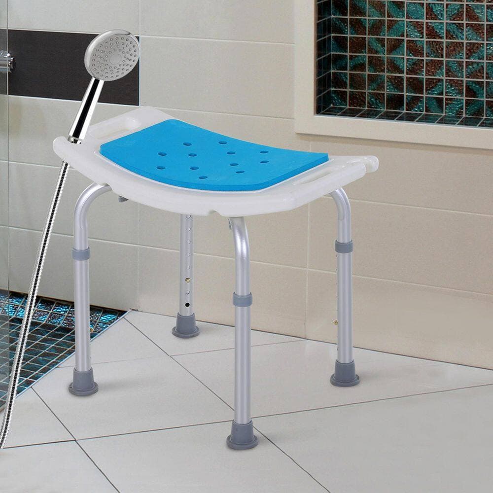 Unbranded NEW 20.5 in. W Freestanding 6-Level Adjustable Curved Spa Shower Stool, Aluminum Bath Seat in Blue+White (3)