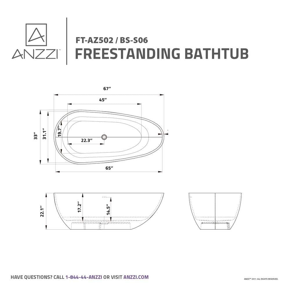 ANZZI Makot 67 in L x 34 in W Stone Resin Flatbottom Freestanding Bathtub in Matte White (3)