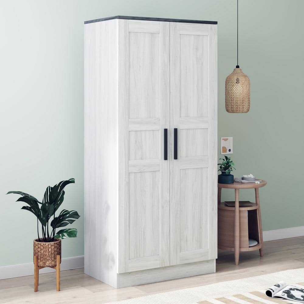 Unbranded 31.5 in. W x 18.31 in. D x 68.9 in. H Light Gray Linen Cabinet Wooden Wardrobe with 2Doors, LED and 4 Storage Shelves (2)