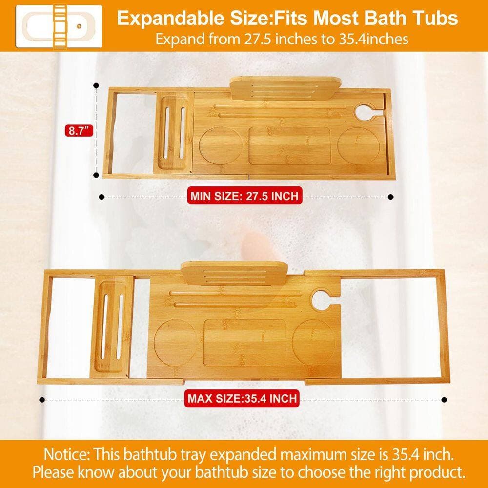 Wudkey Bamboo Bathtub Tray Caddy, Expandable Bath Tub Tray Table, Brown Storage Organizer, Sturdy Water Resistant Shelf (2)
