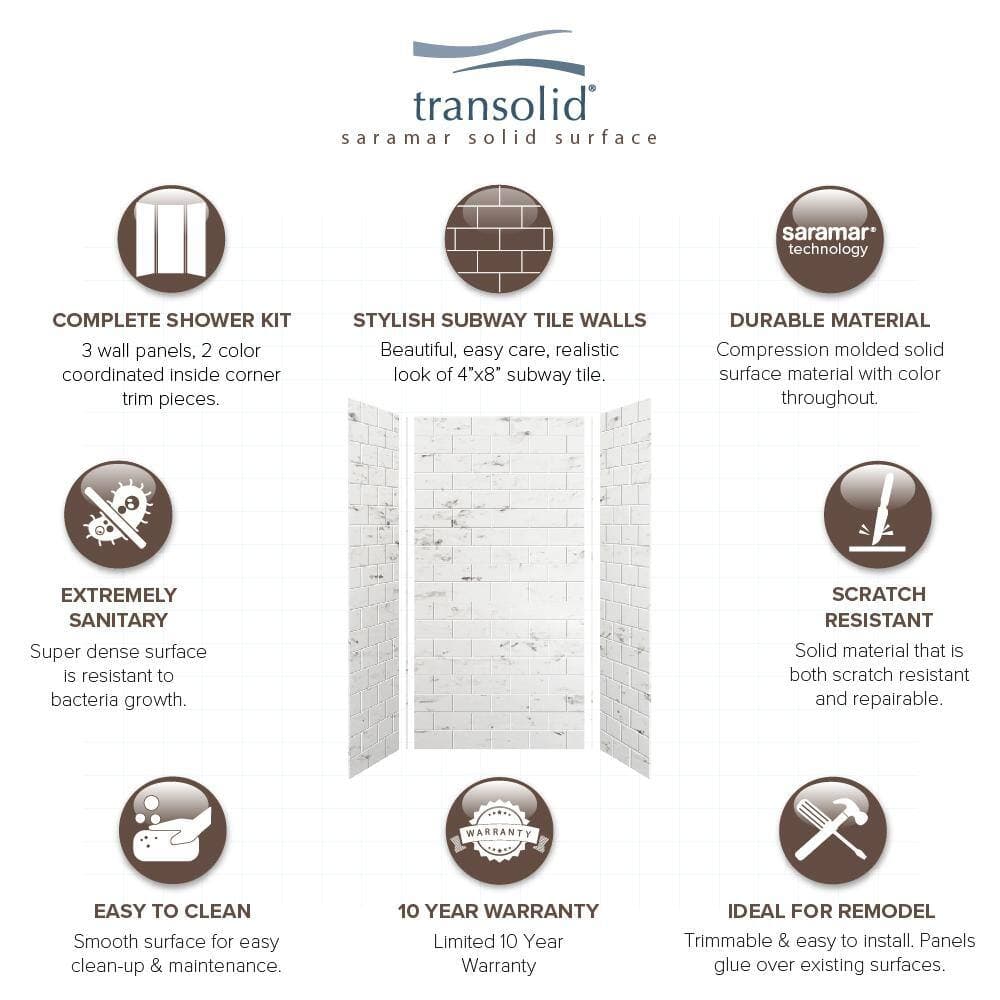 Transolid SaraMar 36 in. x 36 in. x 72 in. 3-Piece Easy Up Adhesive Alcove Shower Wall Surround in White Venito (3)