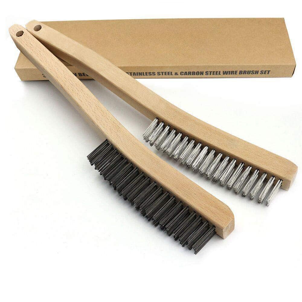 KIWDZFU Heavy Duty Carbon Steel Stainless Steel Wire Brush Set for Rust Cleaning with 14 Beechwood Handle (2-Pack) (1)