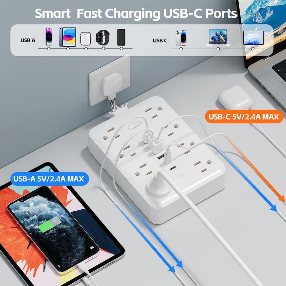 Unbranded Short Cable 8-Outlet 4-Ports USB-A 2-Ports USB-C Surge Protector with Ultra-Slim Plug, 1.3 in Spacing, 900J, UL Listed (3)