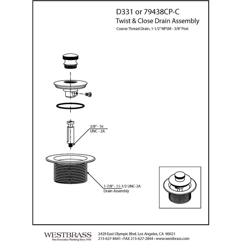 Westbrass 1-1/2 in. NPSM Twist & Close Bathtub Drain Plug, Coarse Thread (2)