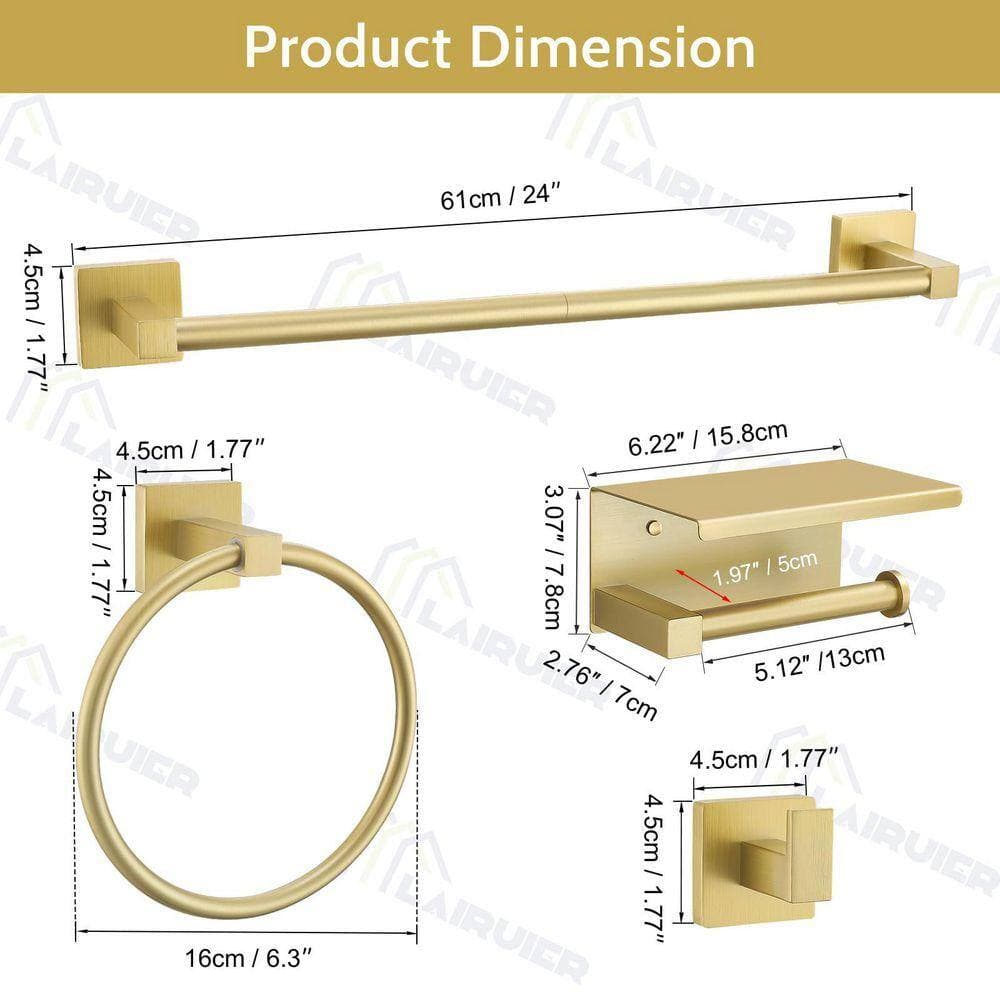 JFVKAF 5-Piece Bathroom Hardware Set with Towel Bar Towel Ring Toilet Paper Holder Shelf Two Hooks in Brushed Gold (2)