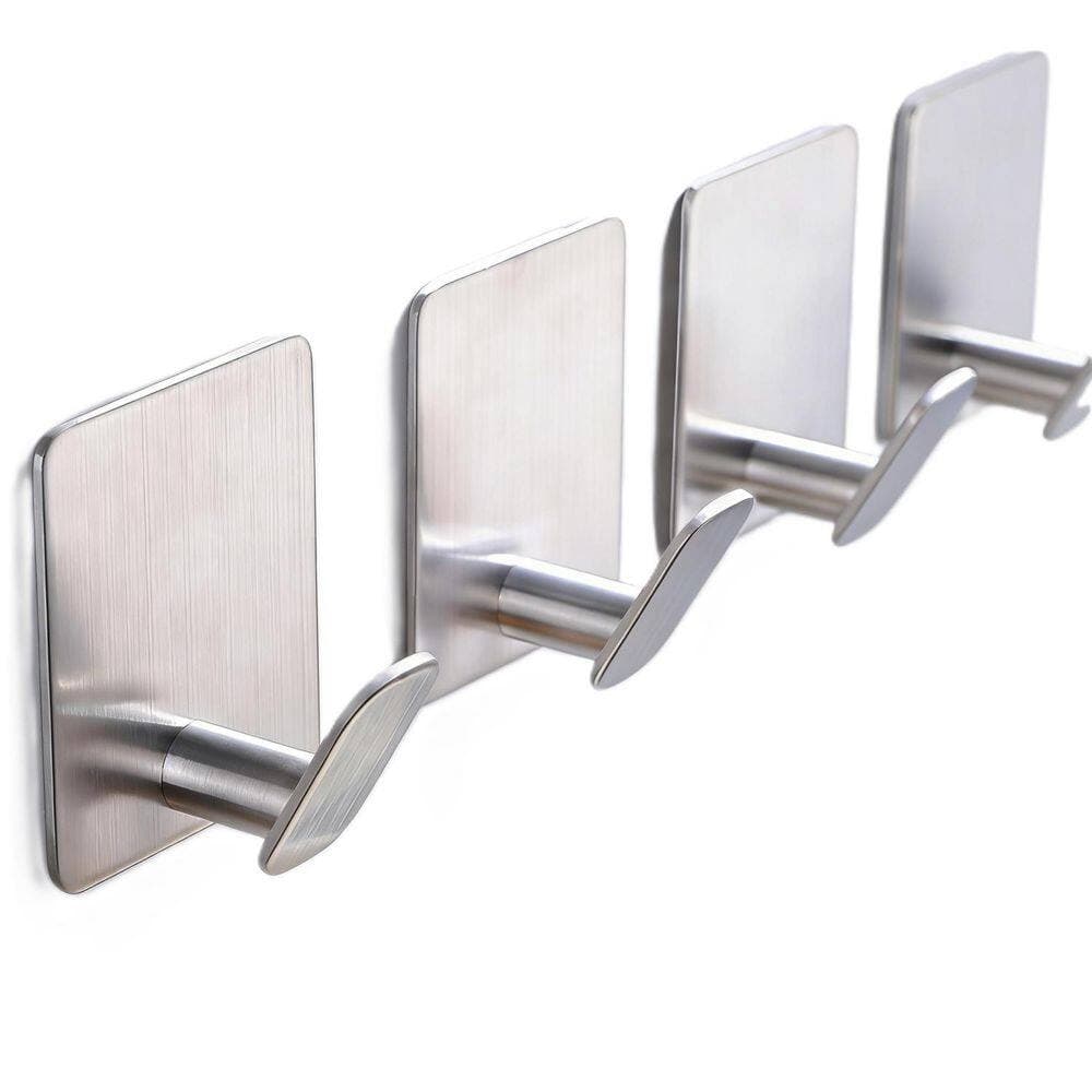 Wudkey 4-Pack Stainless Steel J-Hook Robe/Towel Hook in Silver, Adhesive Hooks Stick on Bathroom or Kitchen (2)