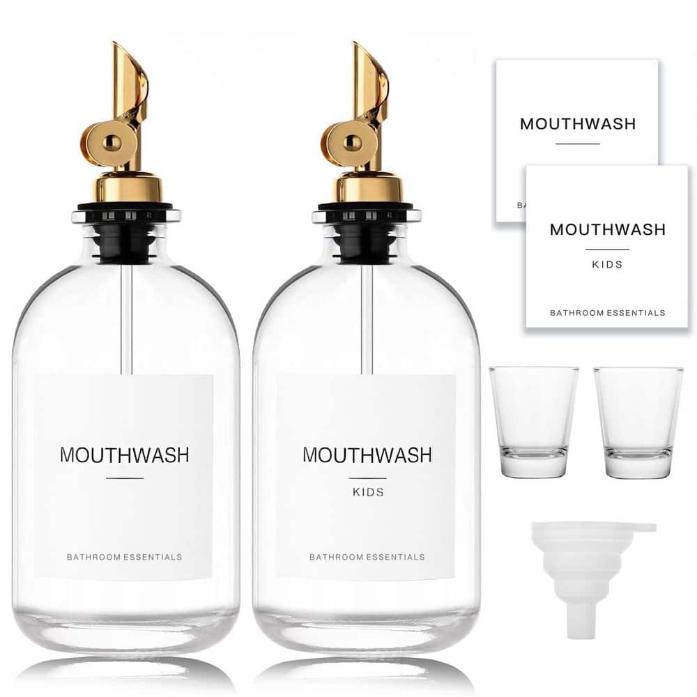Numhew 2-Piece Bathroom Accessory Set with 12.7 fl oz. Glass Mouthwash Dispenser Cups in Gold and Clear for Bathroom (1)