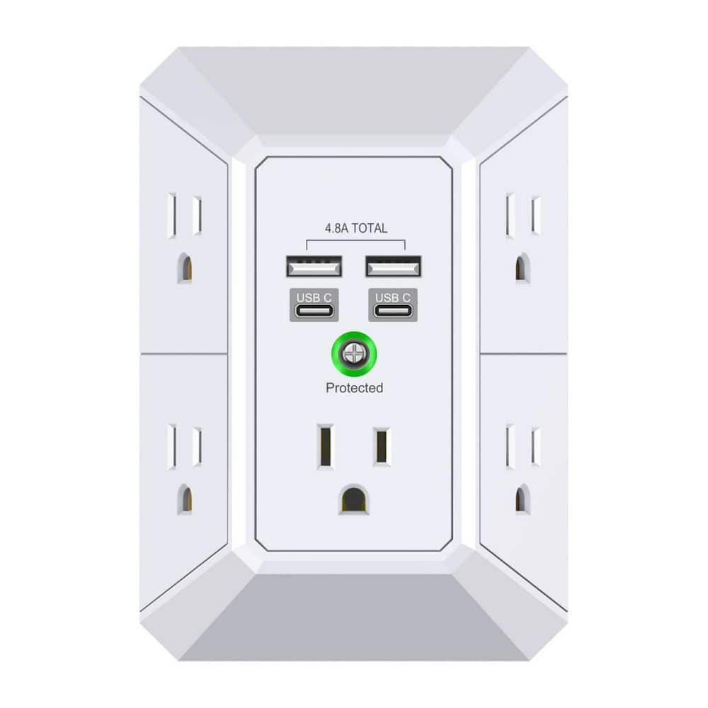 BIBIVIS White 5-Outlet Extender with 4 USB Ports 4.8A Total, 3-Sided 1680J Power Strip, Multi Plug Outlets for Home Travel, 2U2C (1)