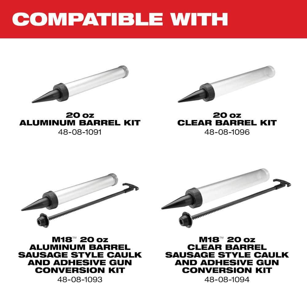 Milwaukee M18 18V Lithium-Ion Cordless 20 oz. Caulk and Adhesive Gun Kit Aluminum Sausage w/(1) 1.5Ah Battery, Charger (4)