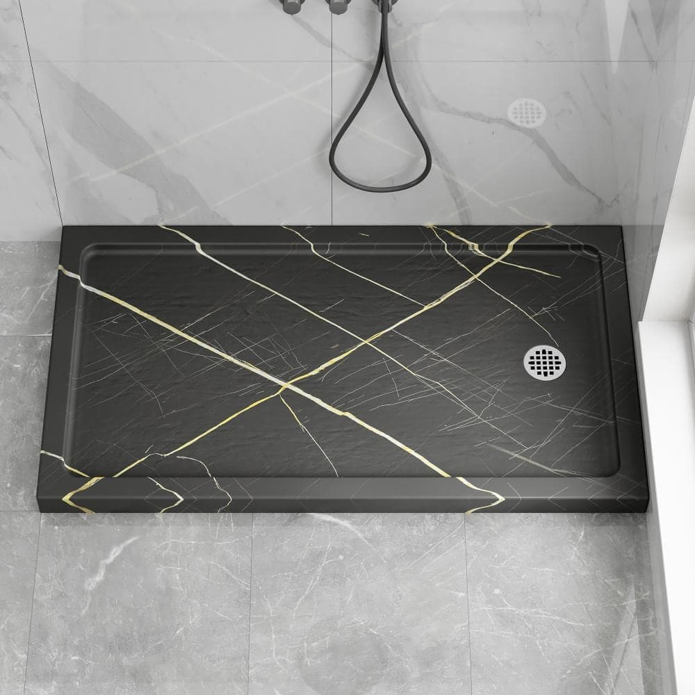 LMLMD 48 in. x 32 in. Shower Pan Base in Matte Black With Marble Pattern, Left/Right Drain and Detachable Flanges (2)