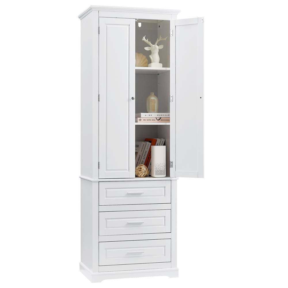 Unbranded 24 in. W x 16 in. D x 70 in. H White MDF Freestanding Linen Cabinet with Doors and Drawers, Adjustable Shelf (2)