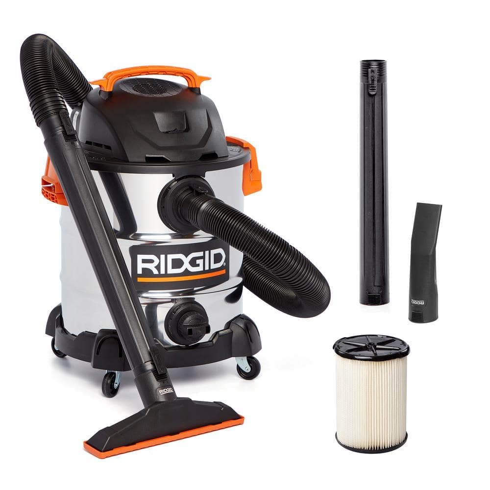 RIDGID 10 Gal. 6.0 Peak HP Stainless Steel Shop Vacuum Wet Dry Vac with Filter, Locking Hose and Accessory Attachments WD1060